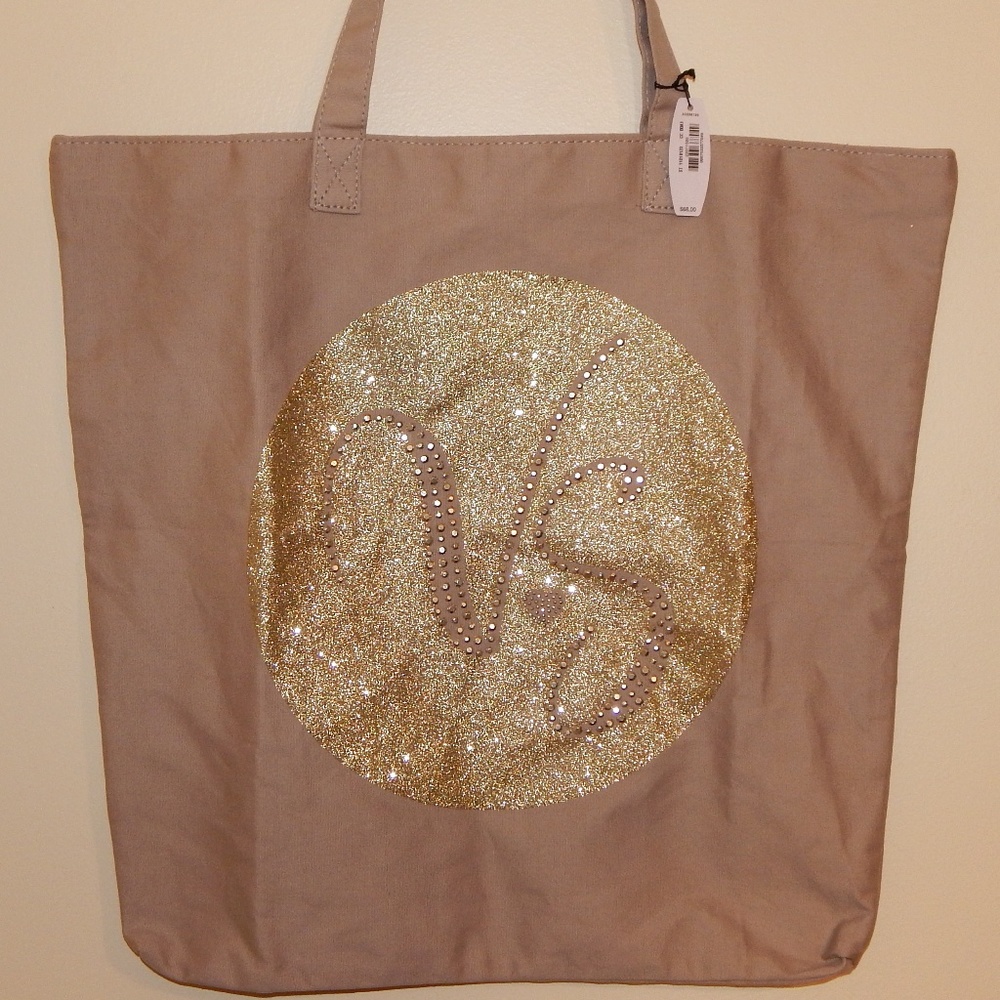 Victoria's Secret Tan Gold Bling Canvas Summer Beach Bag NWT